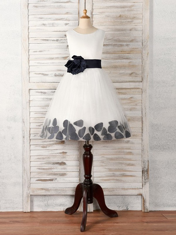 A-Line/Princess Tulle Hand-Made Flower Scoop Sleeveless Tea-Length Flower Girl Dresses DEP0007528