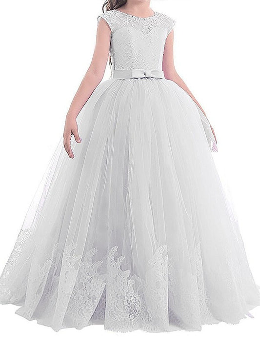 Ball Gown Jewel Sleeveless Bowknot Floor-Length Tulle Flower Girl Dresses DEP0007644