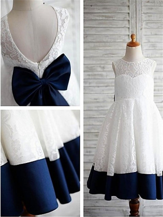 A-line/Princess Scoop Sleeveless Bowknot Tea-Length Lace Flower Girl Dresses DEP0007556