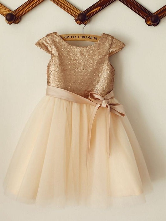 A-Line/Princess Sequin Tulle Scoop Sleeveless Knee-Length Flower Girl Dresses DEP0007907