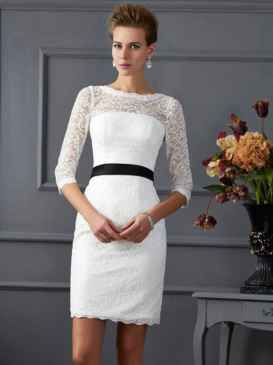 Sheath/Column Scoop 3/4 Sleeves Sash/Ribbon/Belt Short Lace Mother of the Bride Dresses DEP0007194