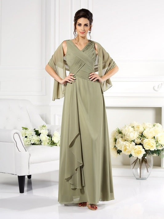 A-Line/Princess V-neck Pleats Sleeveless Long Chiffon Mother of the Bride Dresses DEP0007240