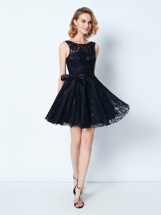 A-Line/Princess Scoop Lace Sleeveless Sash/Ribbon/Belt Short/Mini Dresses DEP0008769