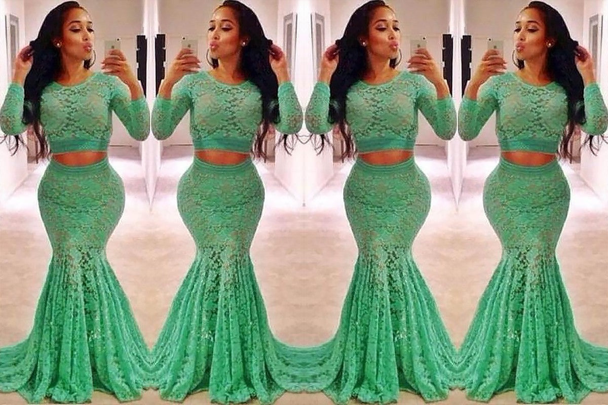 Trumpet/Mermaid Scoop Long Sleeves Lace Ruffles Sweep/Brush Train Two Piece Dresses DEP0002254