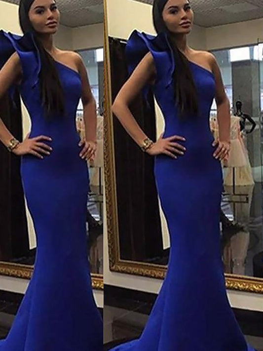 Trumpet/Mermaid Sleeveless One-Shoulder Ruffles Sweep/Brush Train Stretch Crepe Dresses DEP0002185