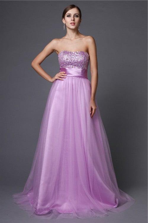 A-Line/Princess Strapless Sleeveless Beading Long Net Dresses DEP0009249