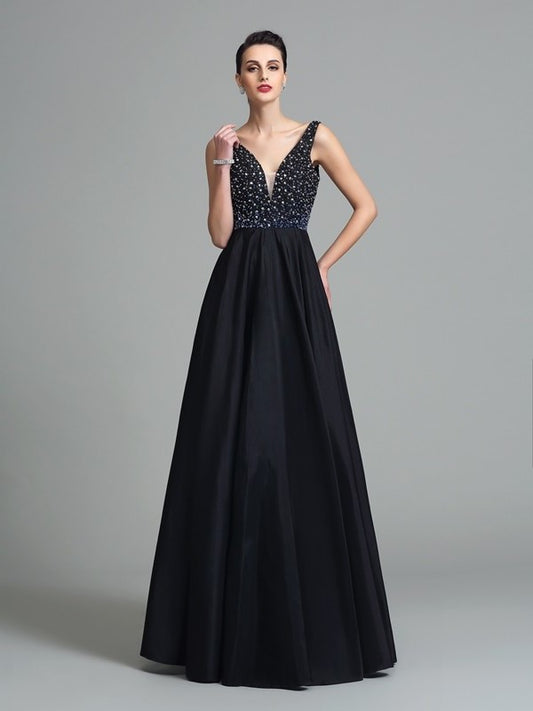 A-Line/Princess Straps Beading Sleeveless Long Taffeta Dresses DEP0003008