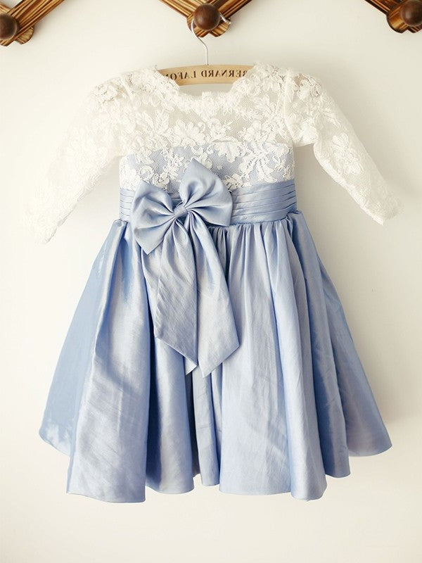 A-Line/Princess Taffeta Lace Scoop 3/4 Sleeves Knee-Length Flower Girl Dresses DEP0007796