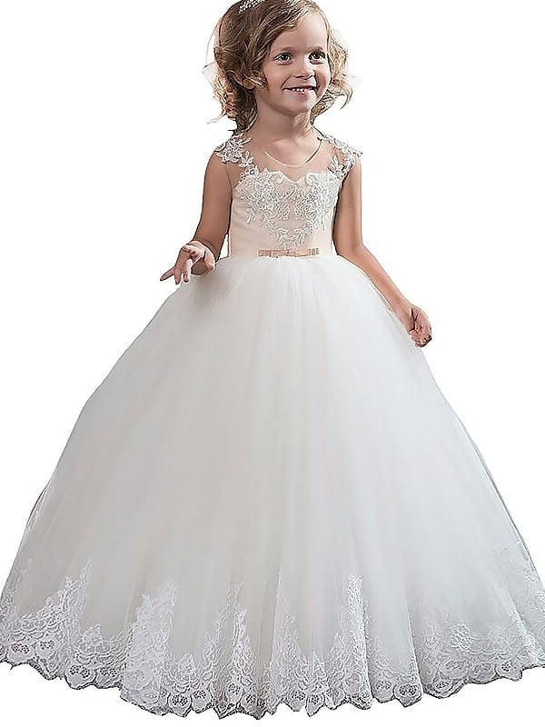 Ball Gown Scoop Sleeveless Applique Tulle Floor-Length Flower Girl Dresses DEP0007619