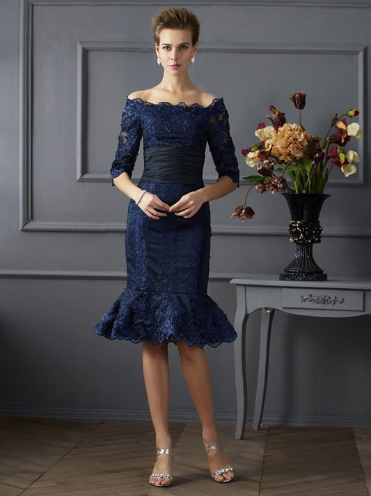 Sheath/Column Off the Shoulder 3/4 Sleeves Short Taffeta Mother of the Bride Dresses DEP0007318