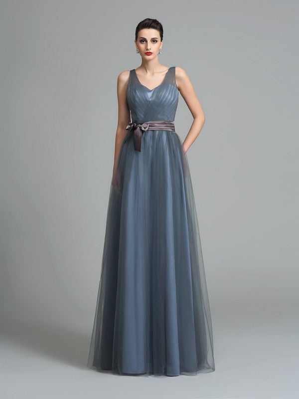 A-Line/Princess Straps Sash/Ribbon/Belt Sleeveless Long Net Bridesmaid Dresses DEP0005595