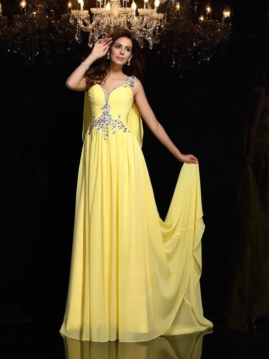 A-Line/Princess Straps Beading Sleeveless Long Chiffon Dresses DEP0002576