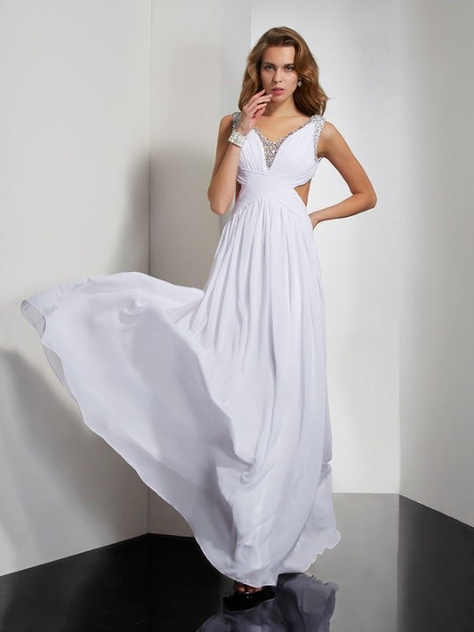 A-Line/Princess Straps Sleeveless Beading Long Chiffon Dresses DEP0003540