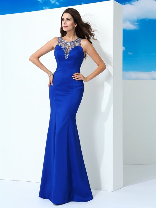 Sheath/Column Sheer Neck Beading Sleeveless Long Elastic Woven Satin Dresses DEP0001940