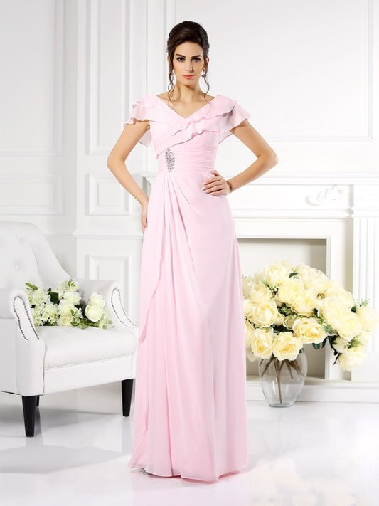 A-Line/Princess V-neck Ruffles Short Sleeves Long Chiffon Mother of the Bride Dresses DEP0007149