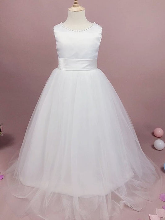 A-Line/Princess Tulle Bowknot Scoop Sleeveless Floor-Length Flower Girl Dresses DEP0007939