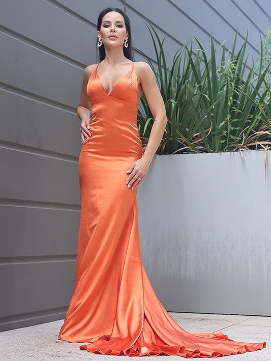 Sheath/Column Satin Ruched V-neck Sleeveless Sweep/Brush Train Dresses DEP0001681