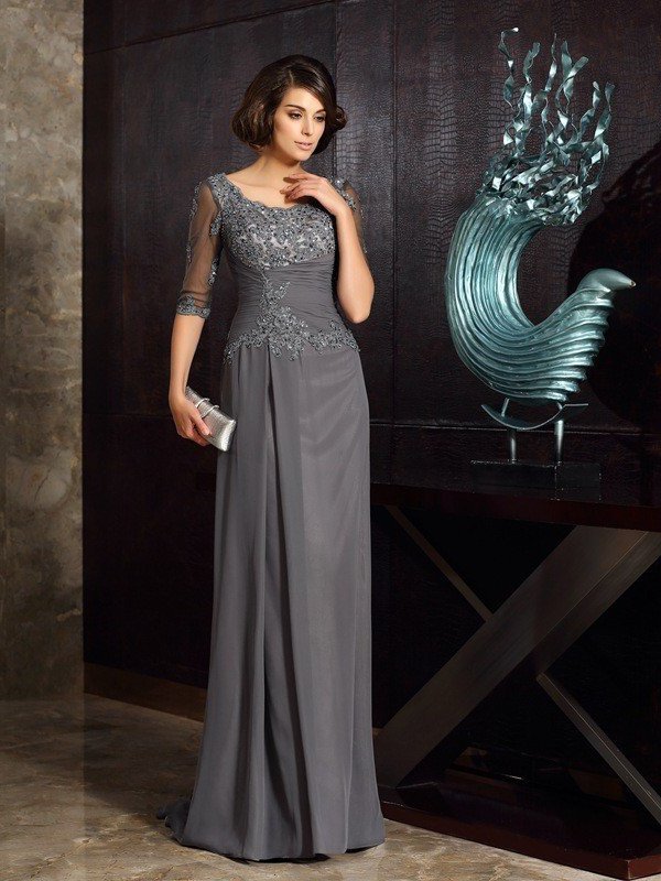 A-Line/Princess Scoop Beading 1/2 Sleeves Long Chiffon Mother of the Bride Dresses DEP0007084