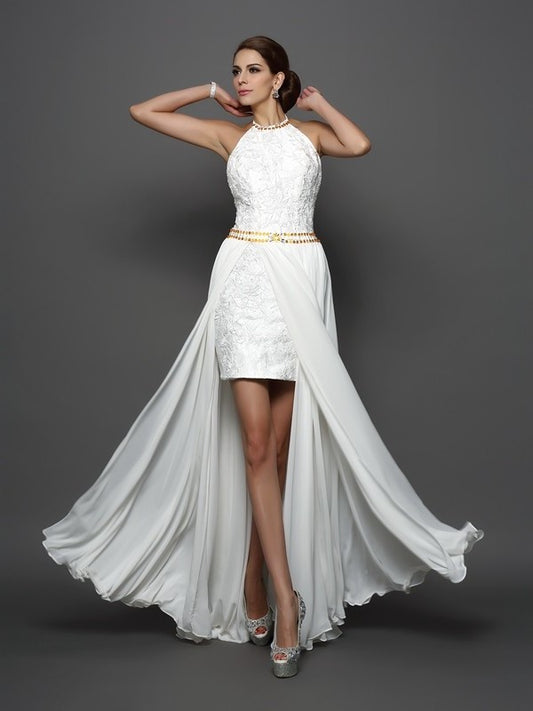 A-Line/Princess High Neck Lace Sleeveless Long Chiffon Wedding Dresses DEP0006617