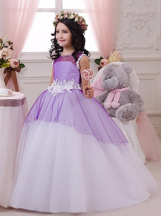 Ball Gown Jewel Sleeveless Applique Floor-Length Tulle Flower Girl Dresses DEP0007658