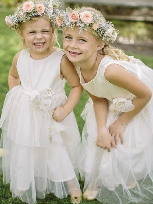 A-Line/Princess Tulle Hand-Made Flower Scoop Sleeveless Floor-Length Flower Girl Dresses DEP0007909