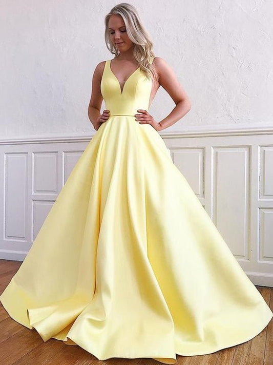 A-Line/Princess Satin Sleeveless Ruffles V-neck Sweep/Brush Train Dresses DEP0001784