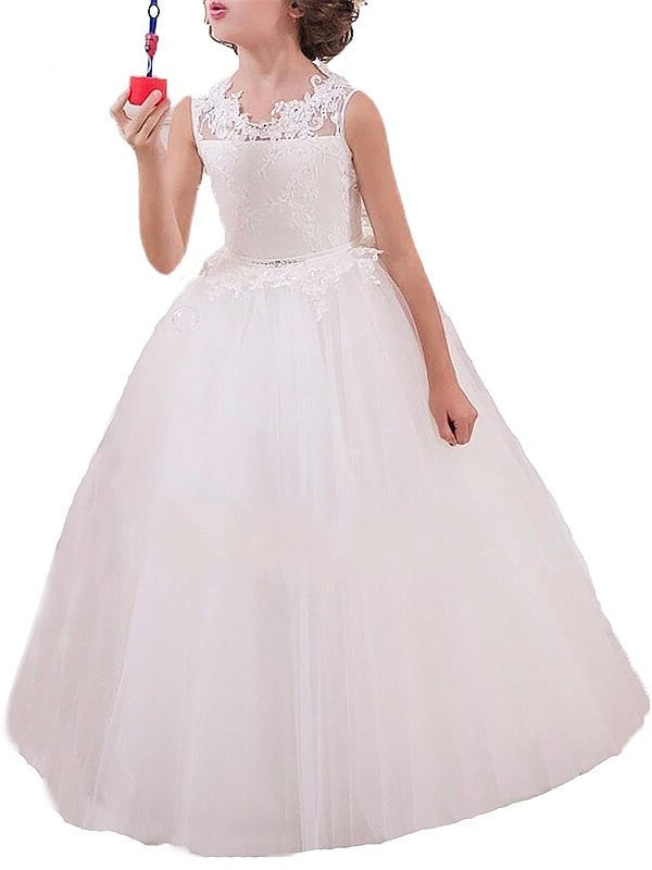 Ball Gown Jewel Sleeveless Applique Floor-Length Tulle Flower Girl Dresses DEP0007646