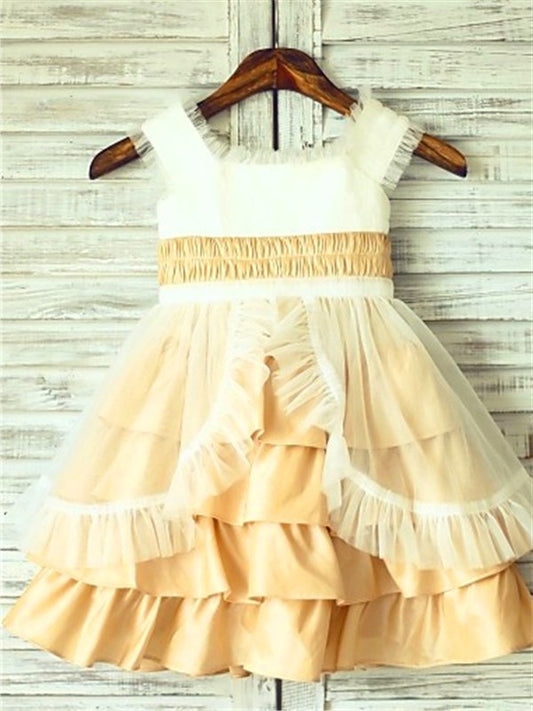 A-line/Princess Square Sleeveless Layers Tea-Length Satin Flower Girl Dresses DEP0007805