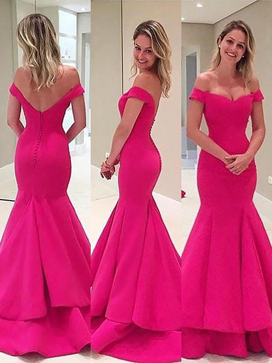 Trumpet/Mermaid Sleeveless Off-the-Shoulder Satin Layers Sweep/Brush Train Dresses DEP0002072