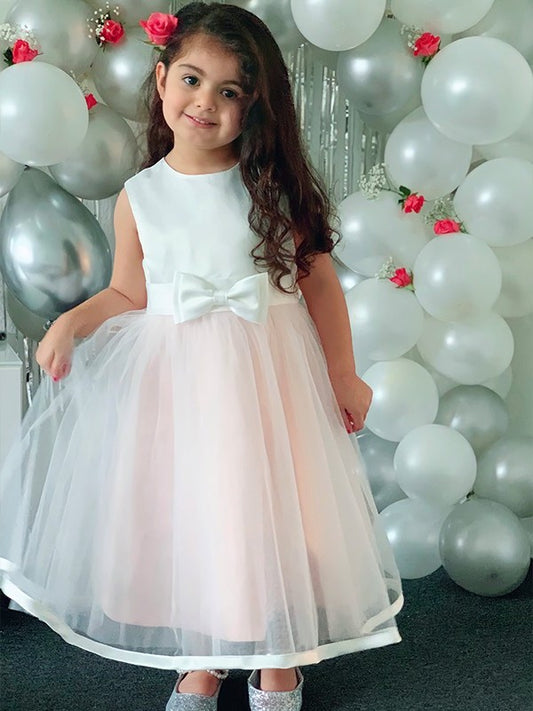 A-Line/Princess Organza Bowknot Scoop Sleeveless Tea-Length Flower Girl Dresses DEP0009295