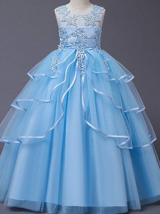 A-Line/Princess Tulle Applique Scoop Sleeveless Floor-Length Flower Girl Dresses DEP0007513