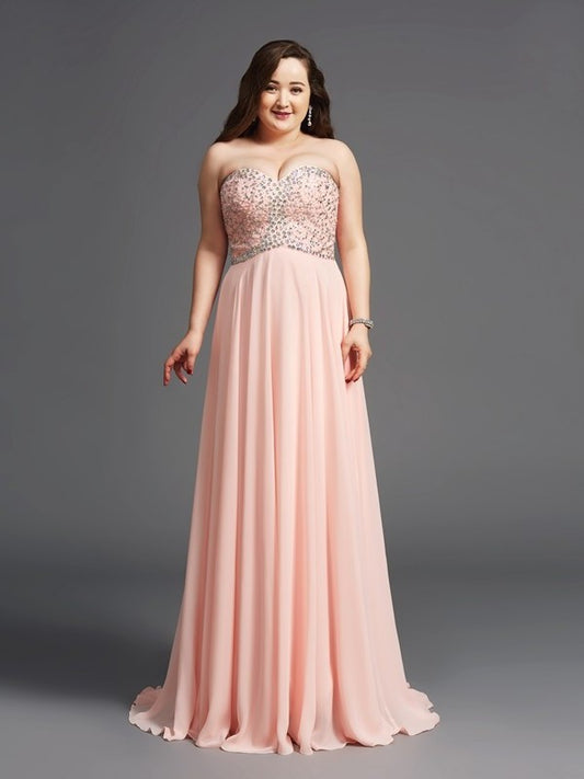 A-Line/Princess Sweetheart Beading Sleeveless Long Chiffon Plus Size Dresses DEP0003818