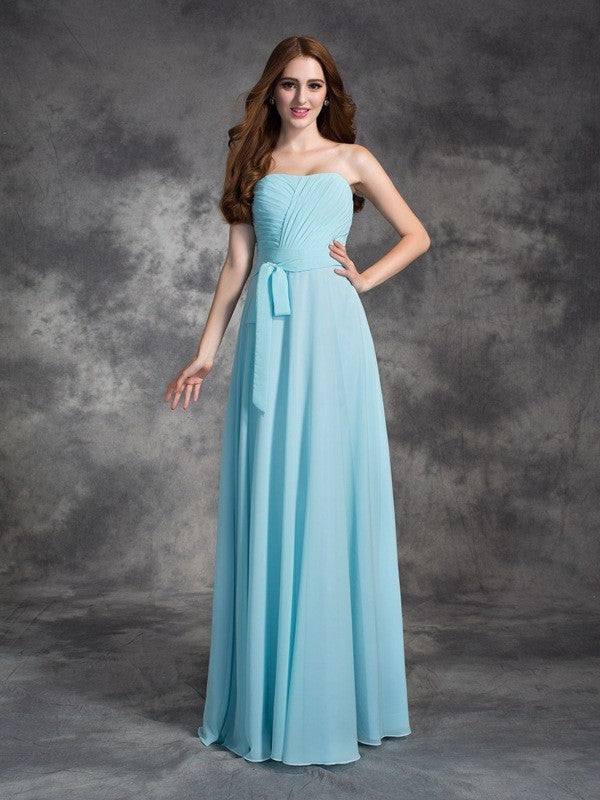 A-line/Princess Strapless Ruched Sleeveless Long Chiffon Bridesmaid Dresses DEP0005797