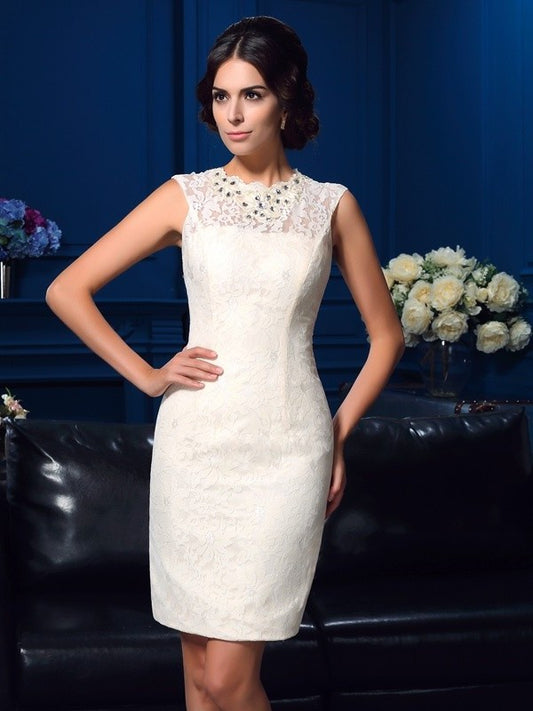 Sheath/Column Jewel Lace Sleeveless Short Lace Mother of the Bride Dresses DEP0007314