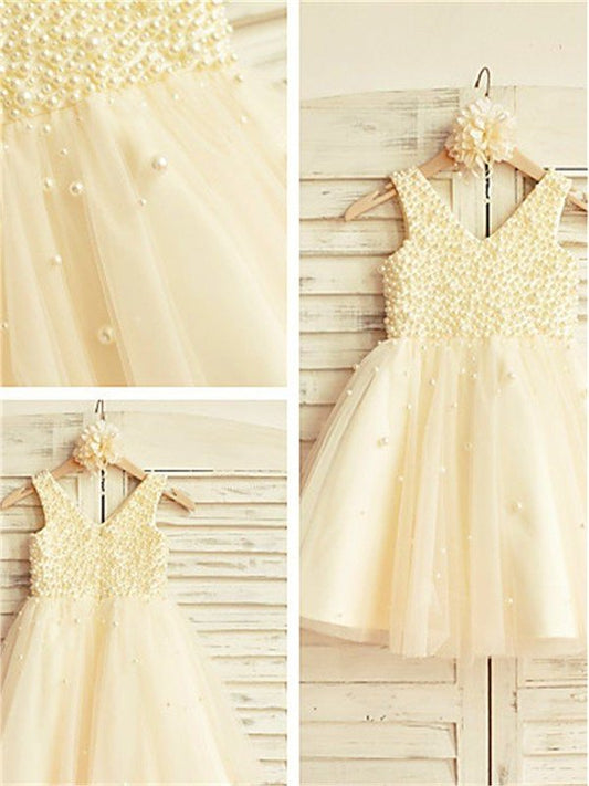 A-line/Princess V-neck Sleeveless Pearls Tea-Length Tulle Flower Girl Dresses DEP0007688