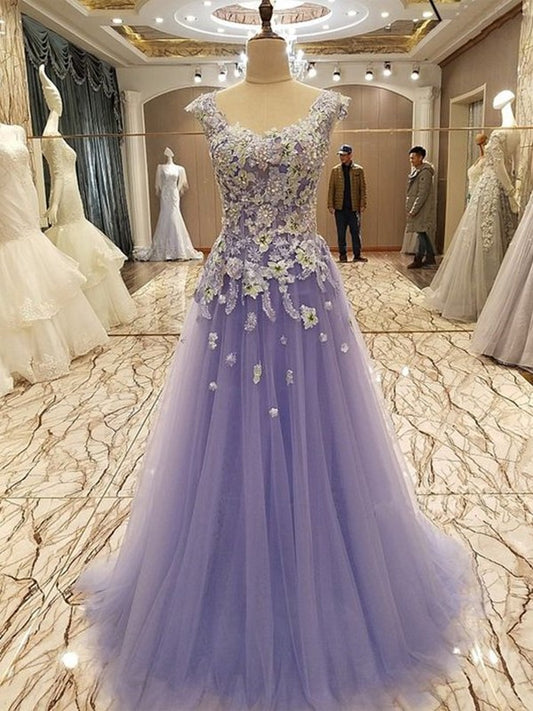 A-Line/Princess Sleeveless Scoop Floor-Length Applique Tulle Dresses DEP0001767