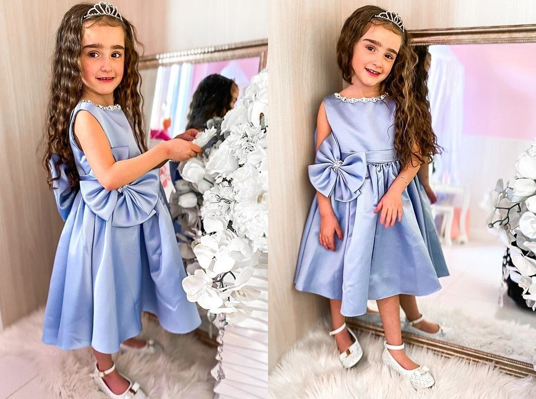 A-Line/Princess Satin Bowknot Scoop Sleeveless Knee-Length Flower Girl Dresses DEP0009289