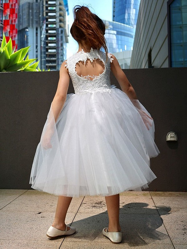 A-Line/Princess Tulle Lace High Neck Sleeveless Knee-Length Flower Girl Dresses DEP0007488