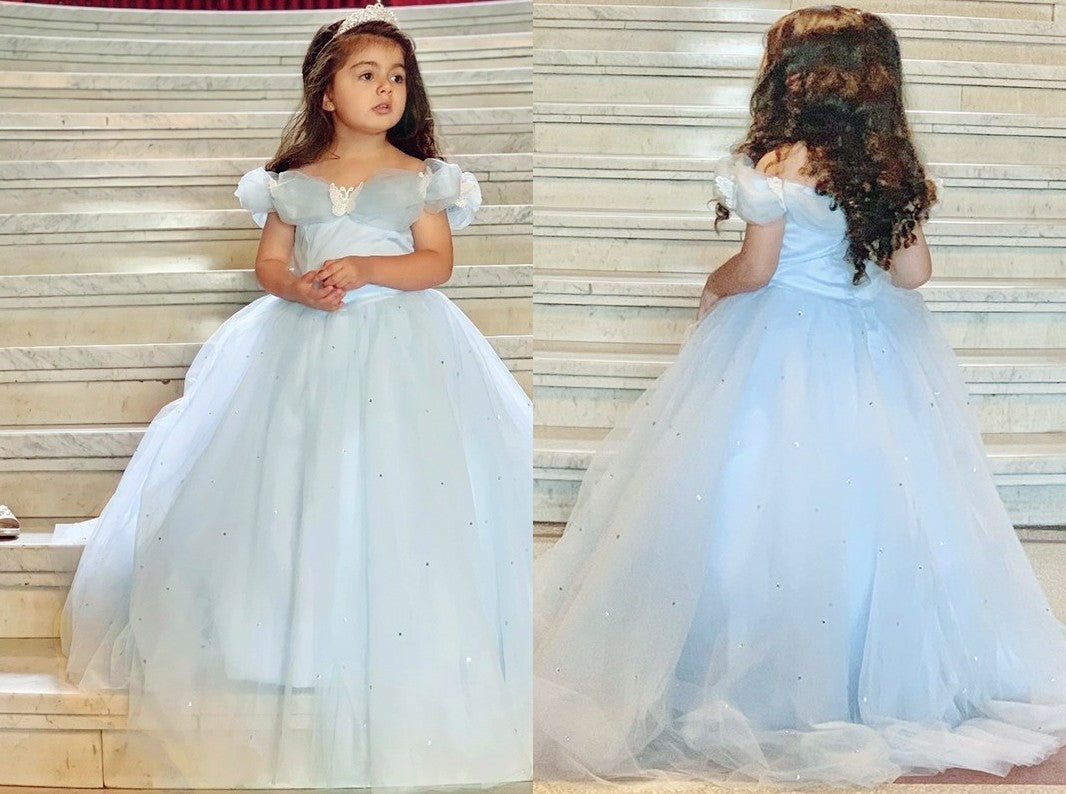 Ball Gown Tulle Rhinestone Off-the-Shoulder Sleeveless Floor-Length Flower Girl Dresses DEP0007466