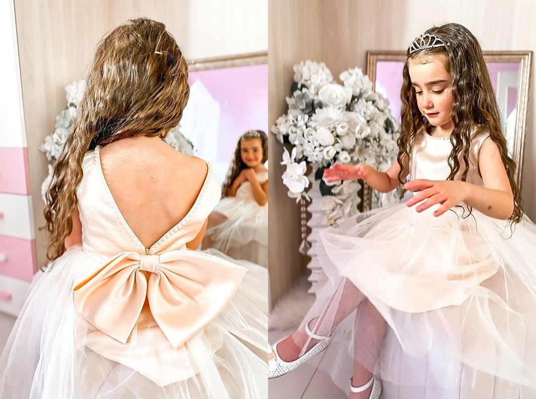 A-Line/Princess Tulle Bowknot Scoop Sleeveless Knee-Length Flower Girl Dresses DEP0009290