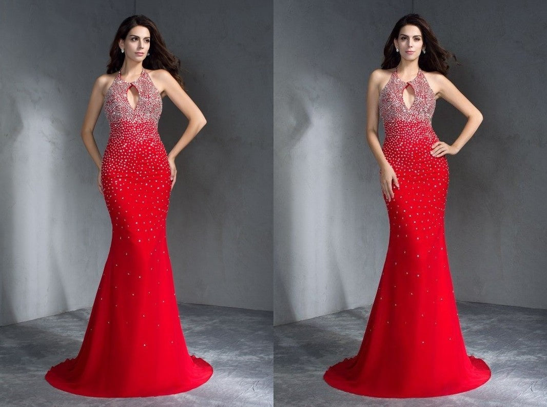 Trumpet/Mermaid Halter Beading Sleeveless Long Chiffon Dresses DEP0002024