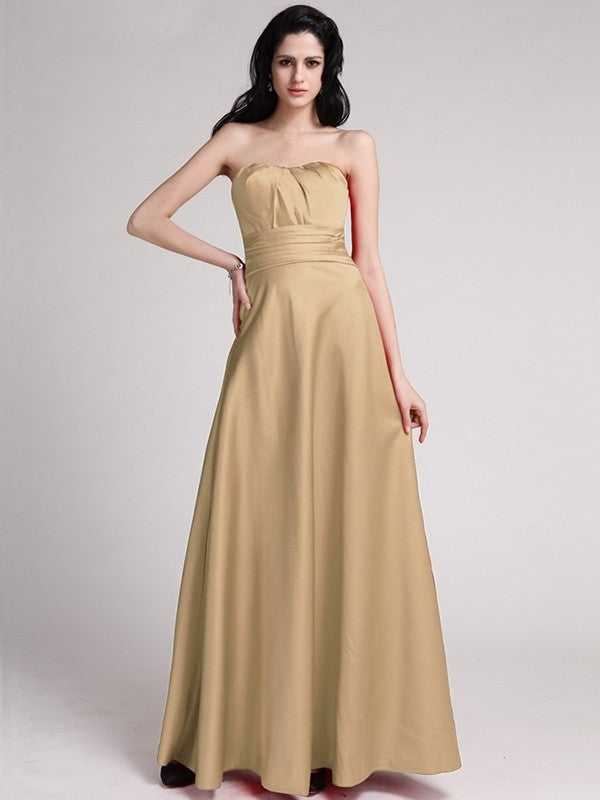 A-Line/Princess Strapless Sleeveless Pleats Long Elastic Woven Satin Bridesmaid Dresses DEP0005835