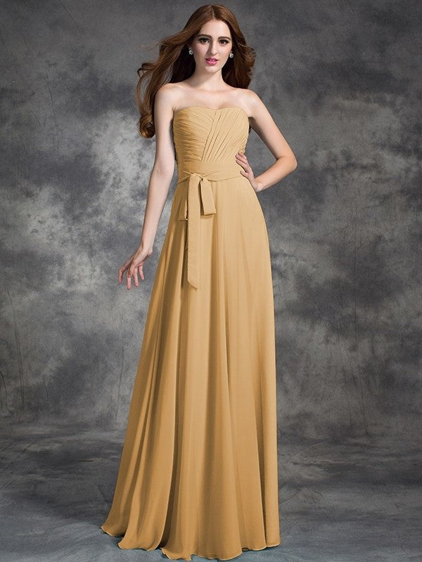 A-line/Princess Strapless Ruched Sleeveless Long Chiffon Bridesmaid Dresses DEP0005797