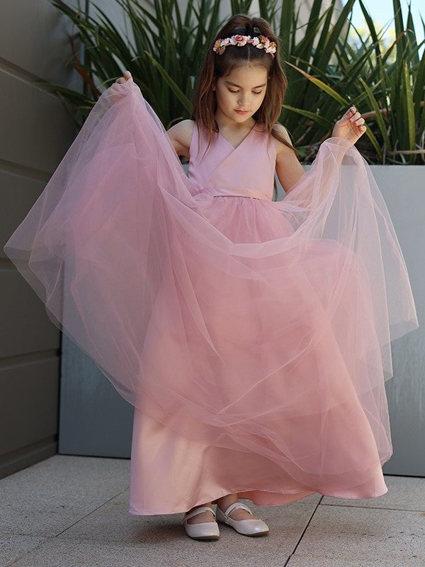 A-Line/Princess Tulle Bowknot V-neck Sleeveless Floor-Length Flower Girl Dresses DEP0007496