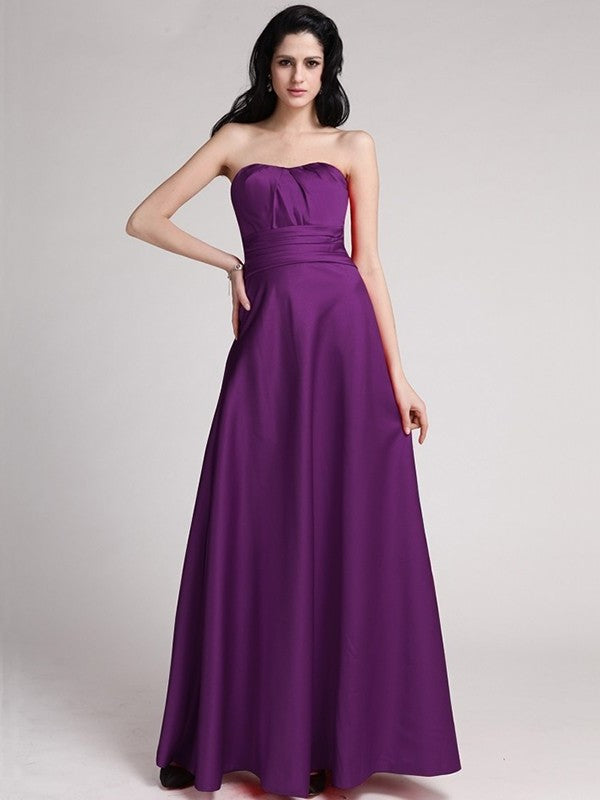 A-Line/Princess Strapless Sleeveless Pleats Long Elastic Woven Satin Bridesmaid Dresses DEP0005835