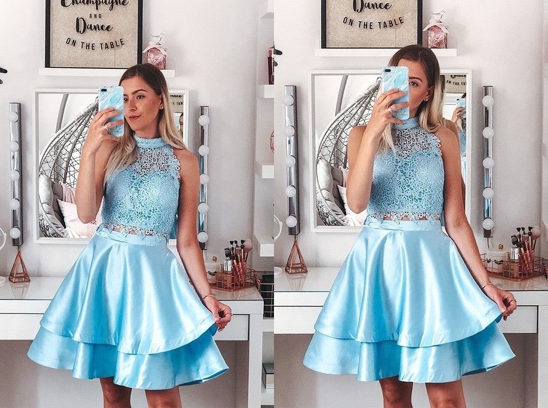 A-Line/Princess Satin Lace Sleeveless Halter Short/Mini Two Piece Homecoming Dresses DEP0004654