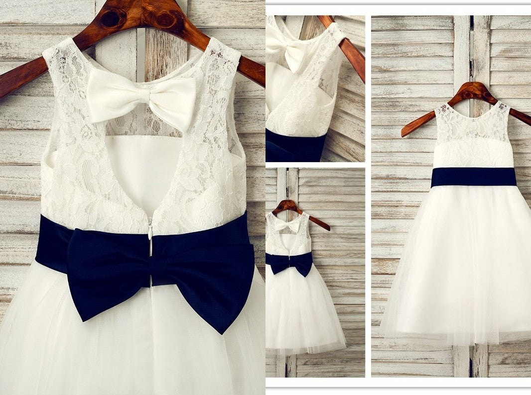 A-Line/Princess Tulle Bowknot Scoop Sleeveless Tea-Length Flower Girl Dresses DEP0007519