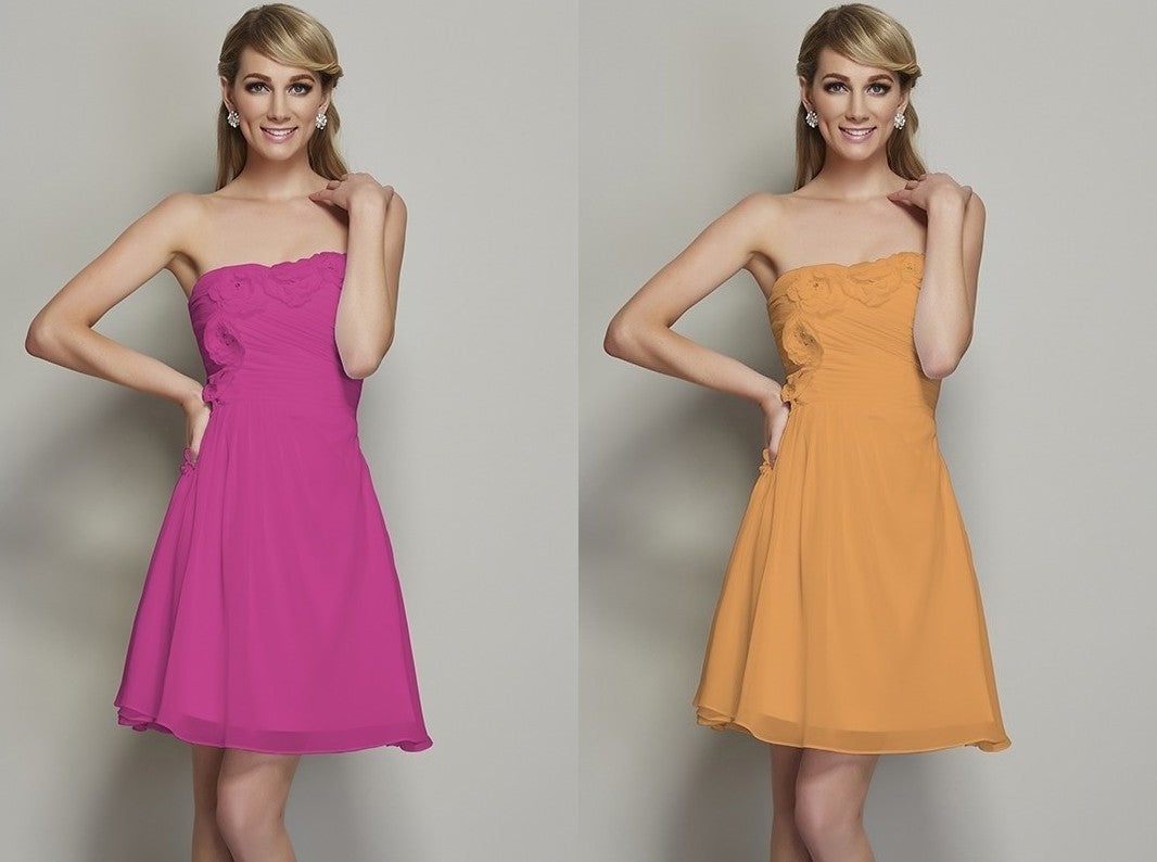 A-Line/Princess Strapless Sleeveless Pleats Applique Short Chiffon Bridesmaid Dresses DEP0005739