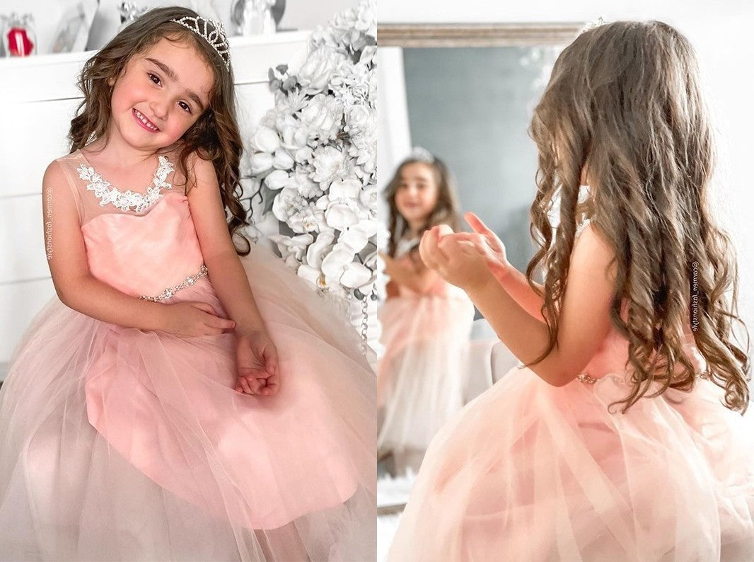 A-Line/Princess Tulle Beading Scoop Sleeveless Tea-Length Flower Girl Dresses DEP0007469