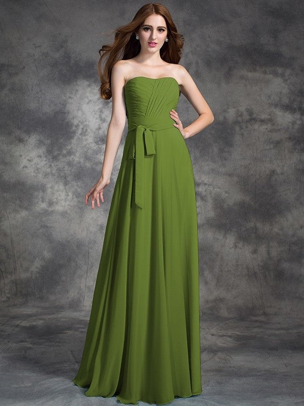 A-line/Princess Strapless Ruched Sleeveless Long Chiffon Bridesmaid Dresses DEP0005797